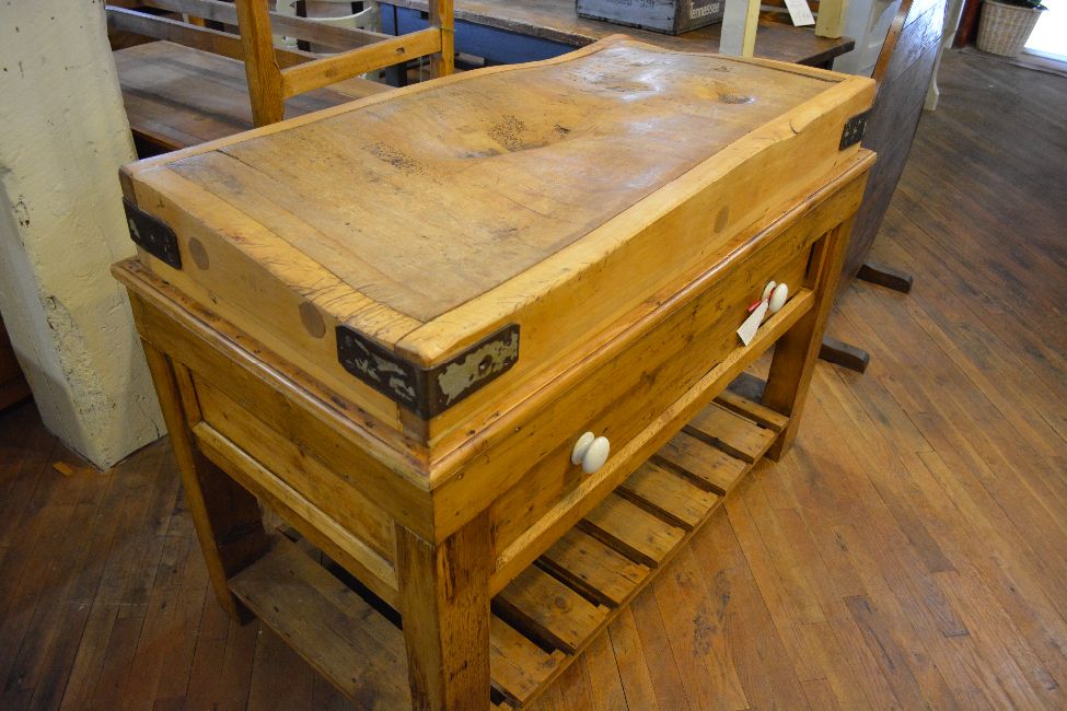 Original Butcher's Block on a One Drawer Base Repurposed Butcher's Block Green furniture at Green Front